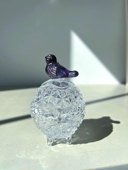 Vintagw Hofbauer Byrdes Lead Cut Crystal Bird Lided Round Dish Purple