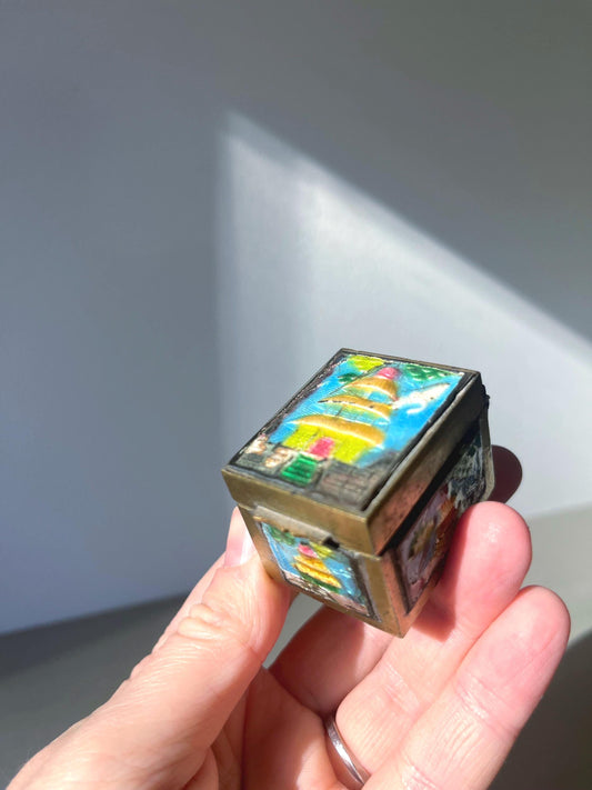 Vintage Chinese Mini Pagoda Enamel Brass Ring or Stamp Box