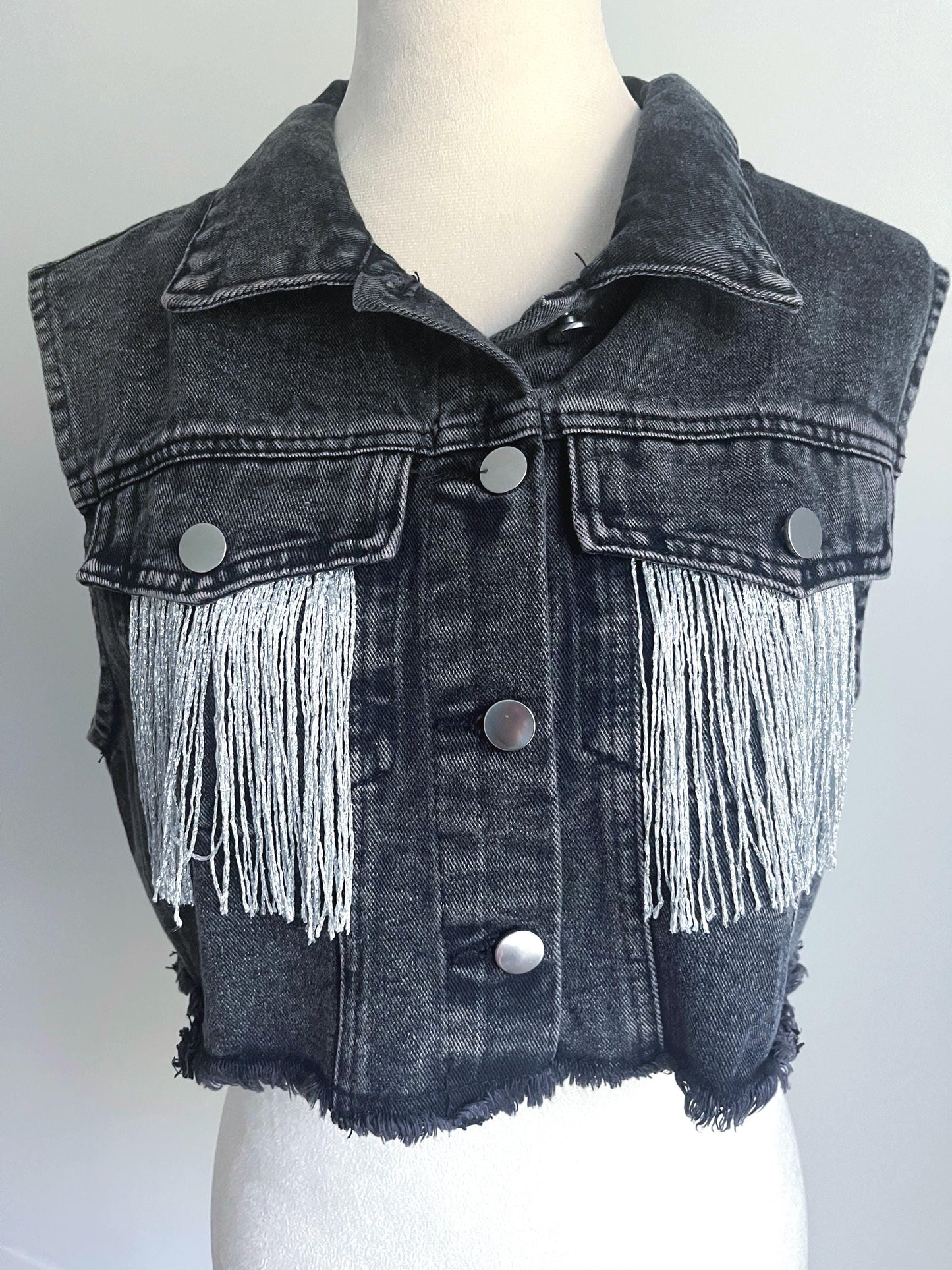 Crop Black Dark Gray Denim Fringe Vest